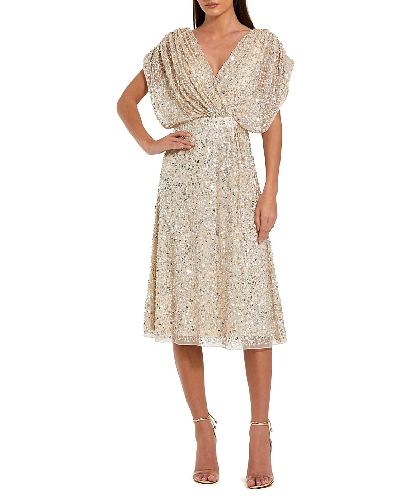 Mac Duggal Sequin Draped Sleeve V-Neck Midi Dress