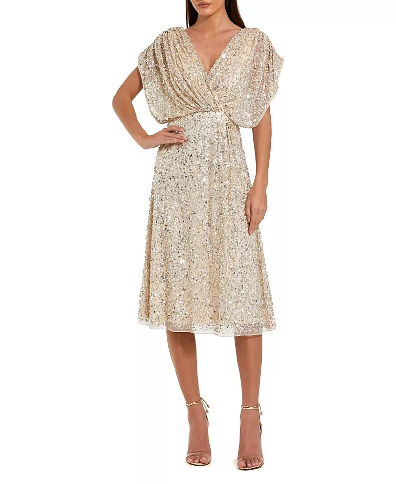 Mac Duggal Sequin Draped Sleeve V-Neck Midi Dress