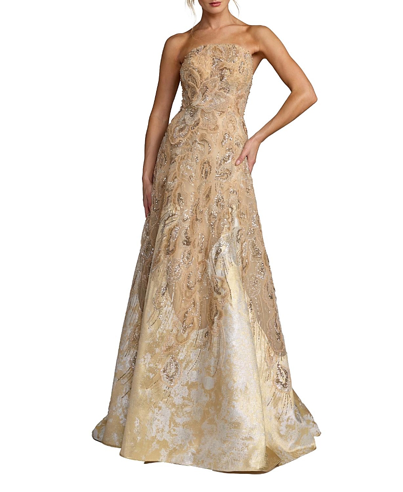 Mac Duggal Strapless Embellished Brocade A-Line Gown