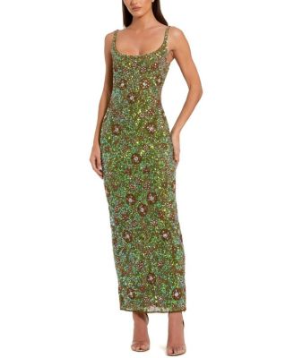 Petite Beaded Mesh Sleeveless Scoop Neck Ankle Dress
