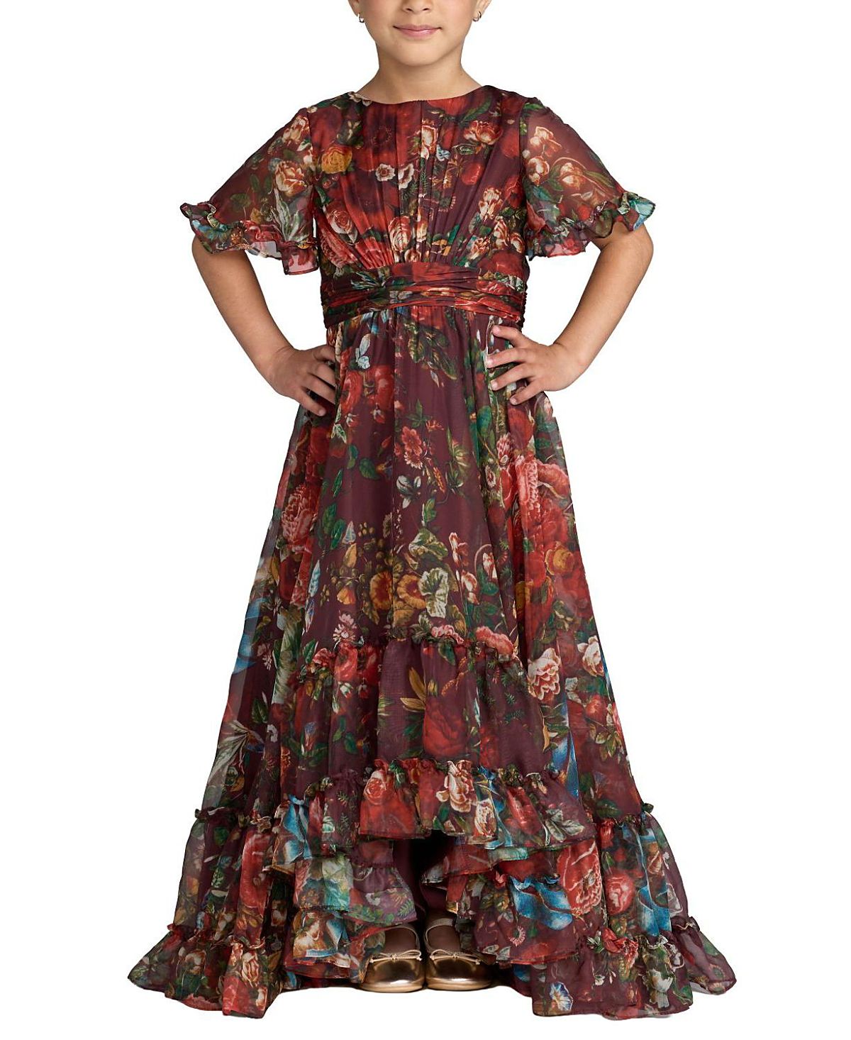 Mac Duggal Girls' High Neck Ruffle Hi Low Gown - Little Kid, Big Kid