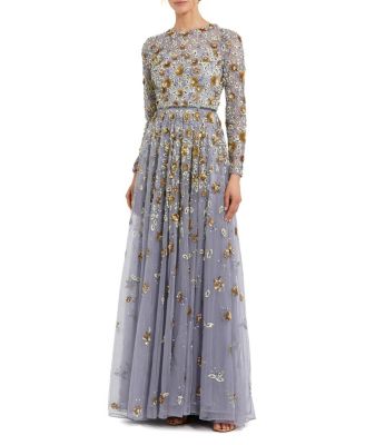  Embellished High Neck Long Sleeve A Line Gown