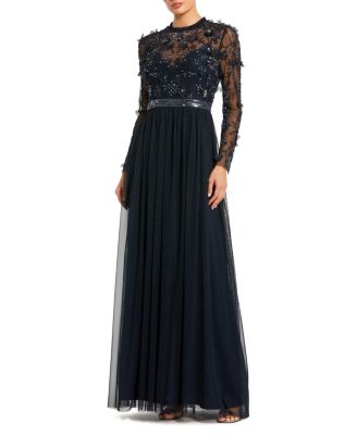  Embellished Illusion High Neck Long Sleeve Gown