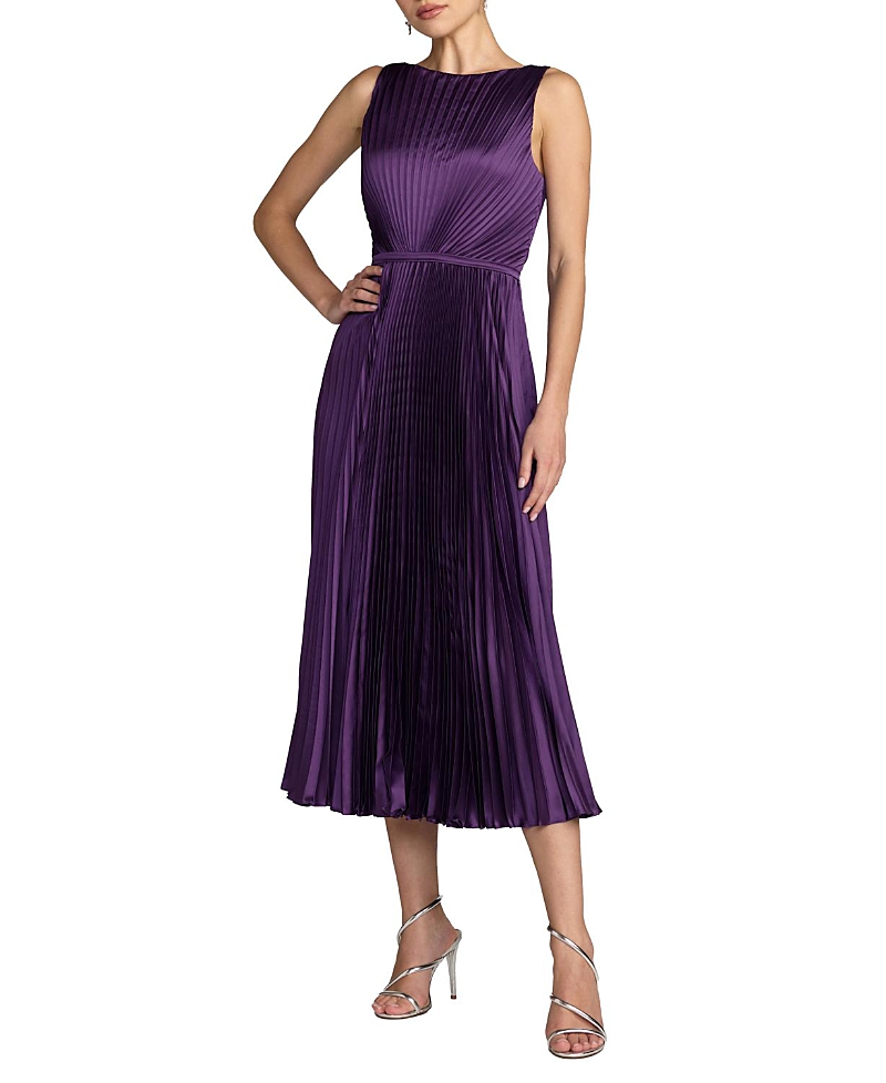 Mac Duggal Sleeveless High Neck Pleated Midi Dress