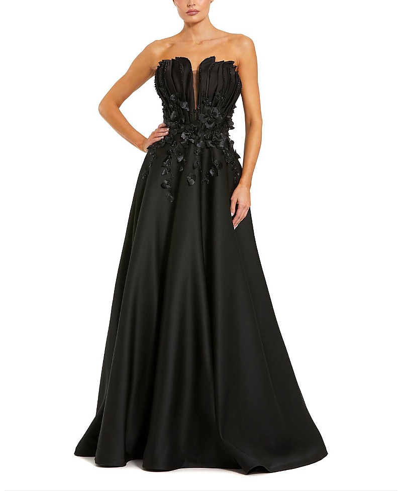 Mac Duggal Petite Strapless Satin Floral Embellished Ball Gown