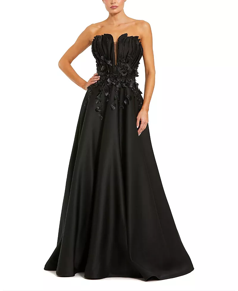 Mac Duggal Petite Strapless Satin Floral Embellished Ball Gown