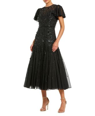  Flutter Sleeve Sheer Top Beaded Dress