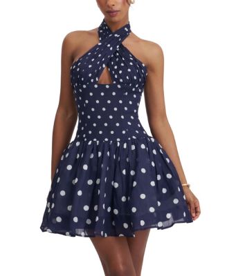  Yamina Polka Dot Ramie Crossover Halter Gathered Mini Dress