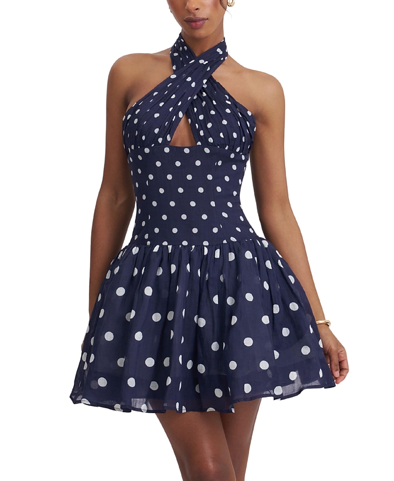 Miss Circle Yamina Polka Dot Ramie Crossover Halter Gathered Mini Dress