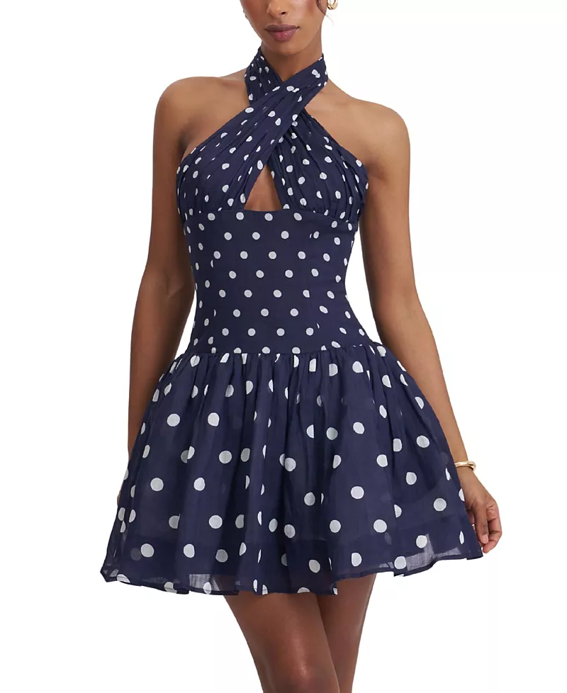 Miss Circle Yamina Polka Dot Ramie Crossover Halter Gathered Mini Dress