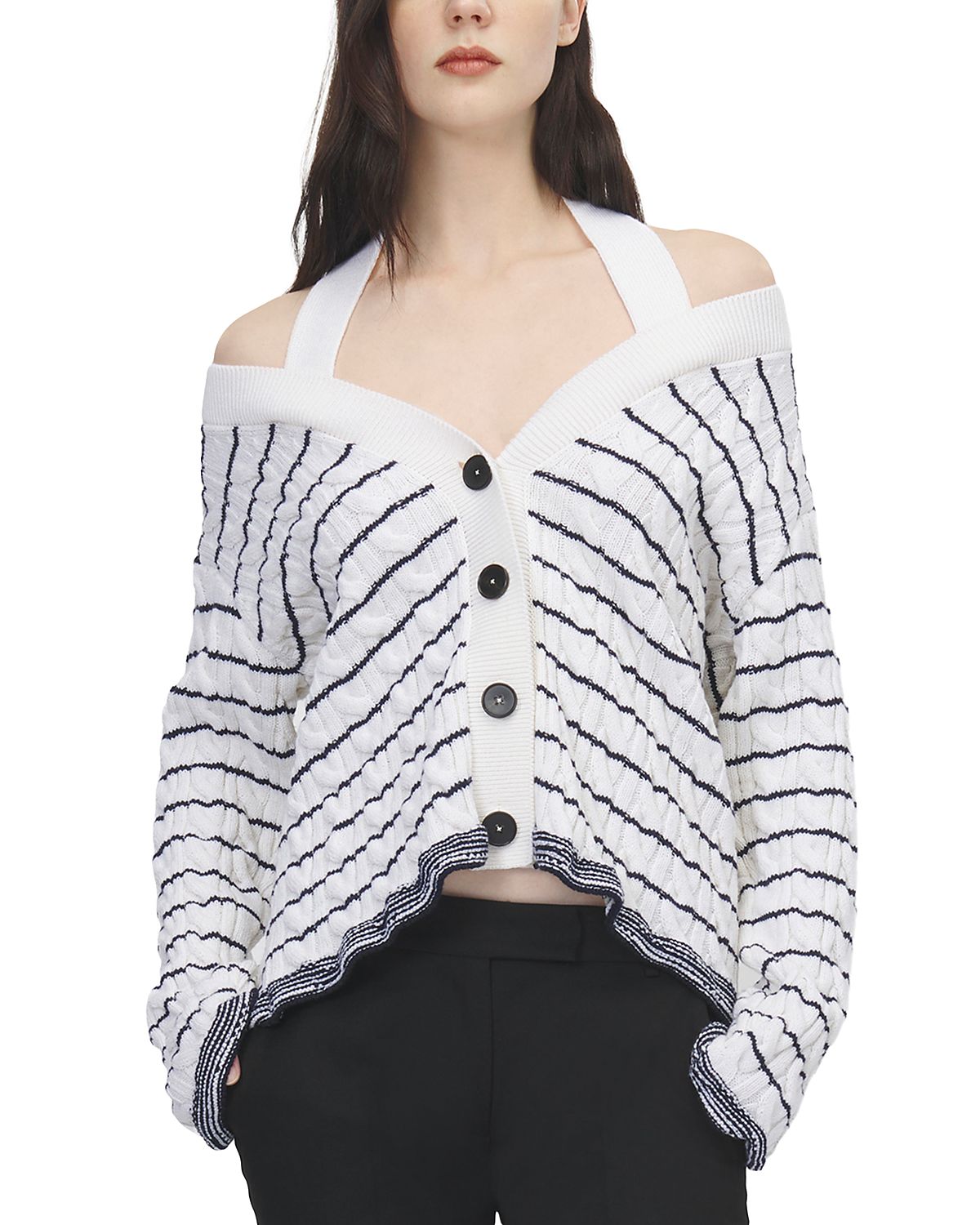 McQueen Wool Off-the-Shoulder Striped Cardigan