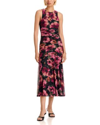 Floral Bloom Mesh Ruched Sleeveless Dress - Exclusive