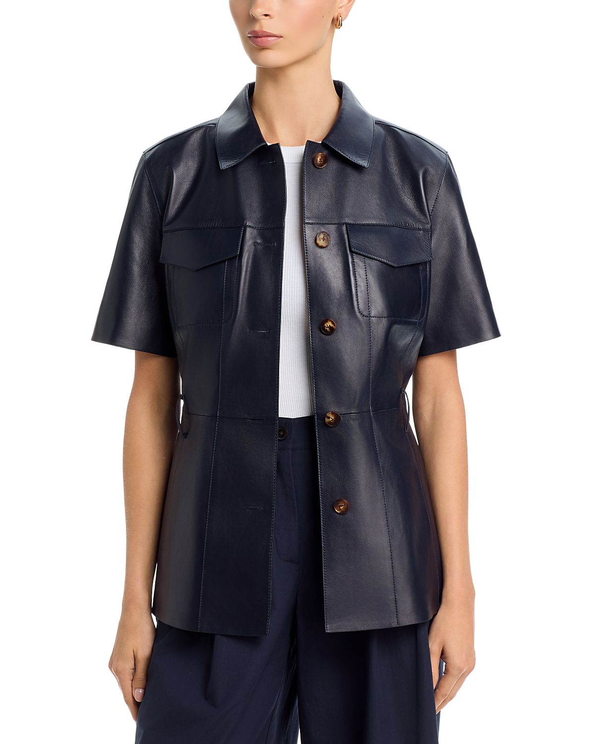 Lafayette 148 New York Leather Belted Patch Pocket Jacket