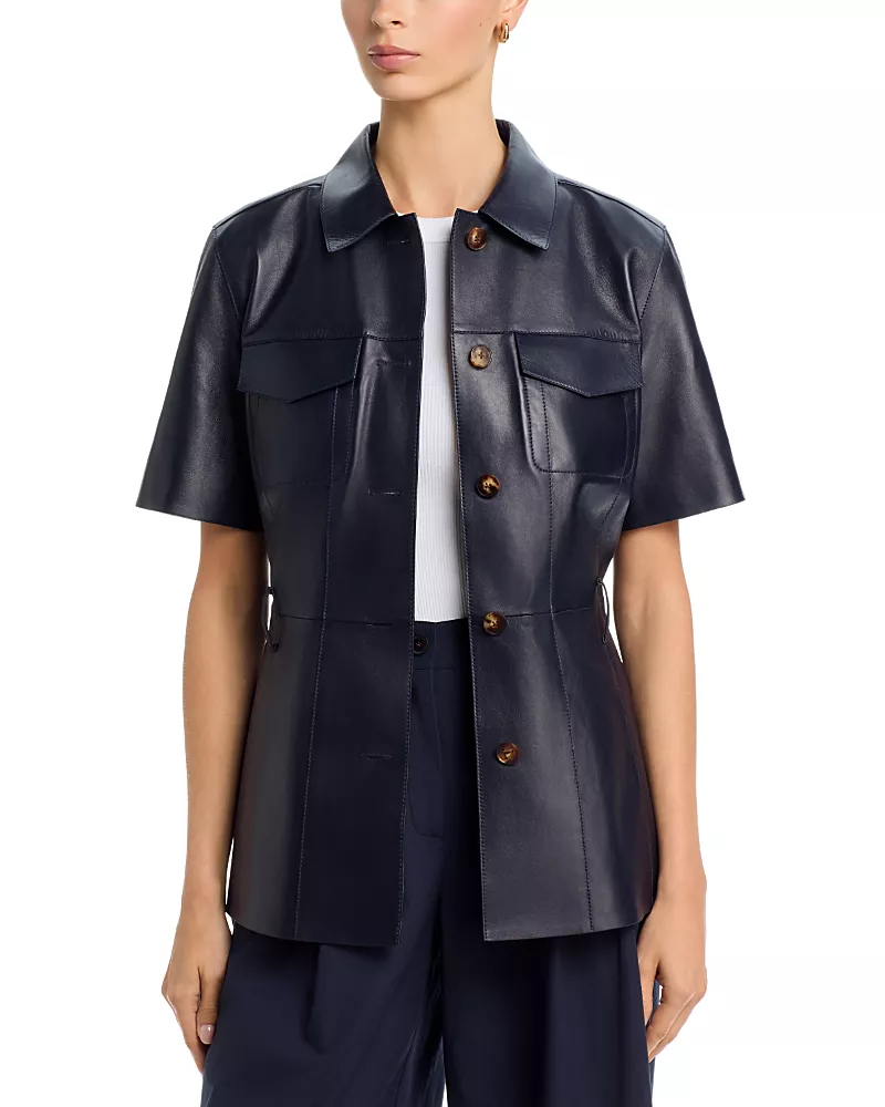 Lafayette 148 New York Leather Belted Patch Pocket Jacket