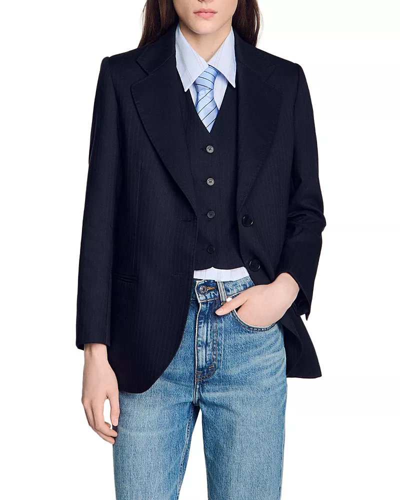 Sandro Striped Wool Blend Suit Jacket