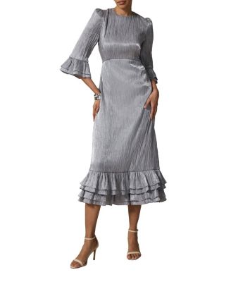 Women's Metallic Ruffle Sleeve Midi Dress