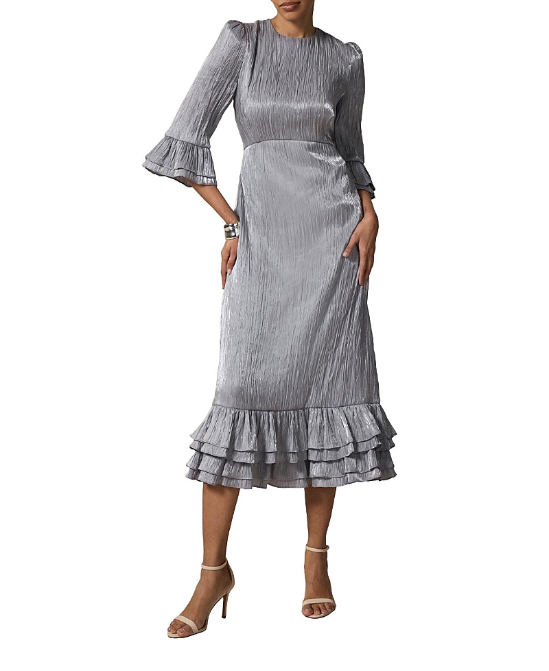 Mint Velvet Women's Metallic Ruffle Sleeve Midi Dress