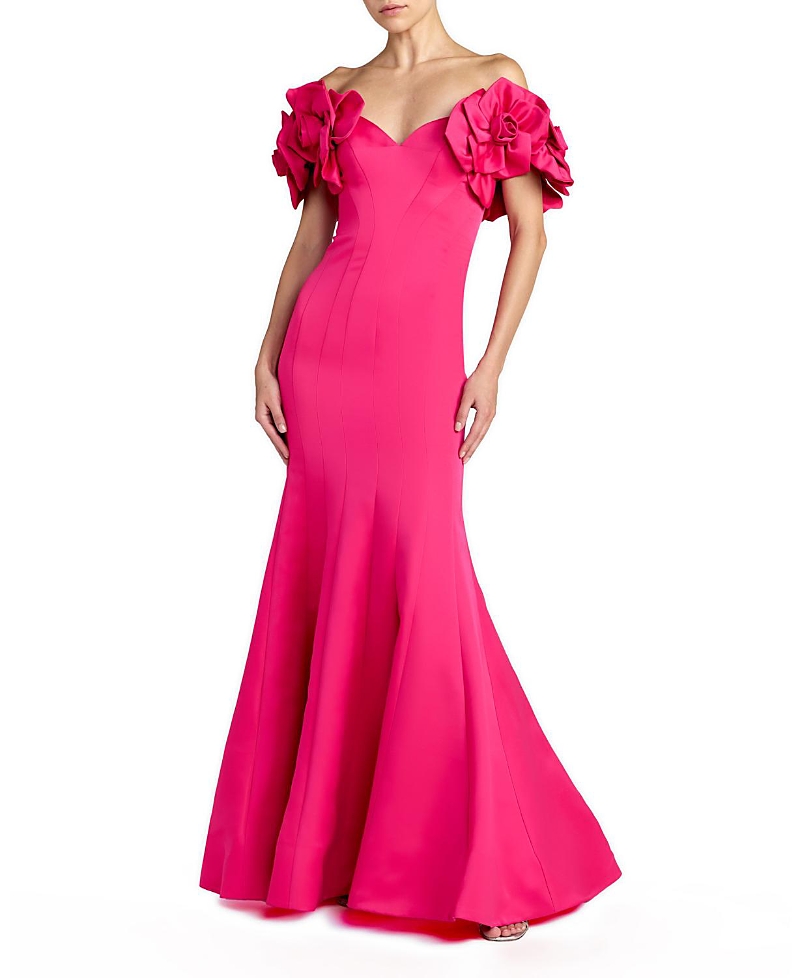 Mac Duggal Satin Off The Shoulder Floral Detail Trumpet Gown