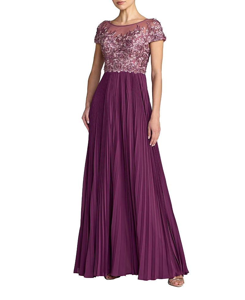 Mac Duggal Petite Embroidered Cap Sleeve High Neck Pleated Gown