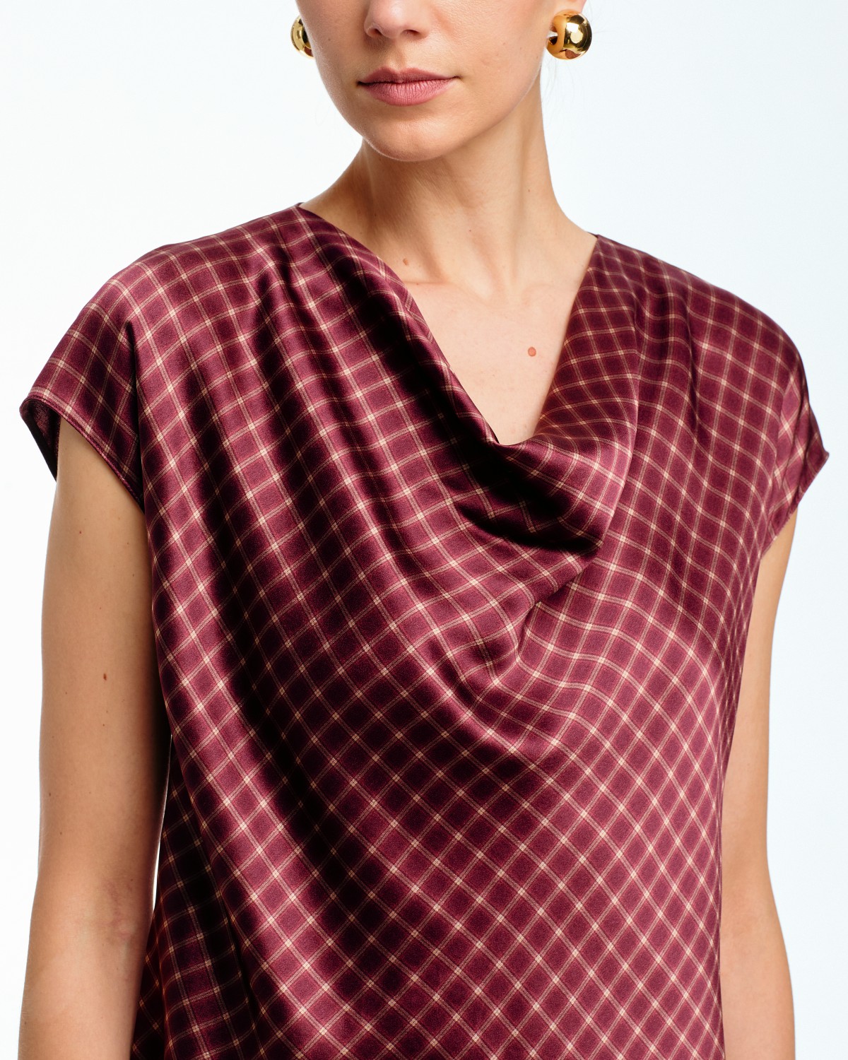 Ombré Plaid Cowl Neck Silk Top