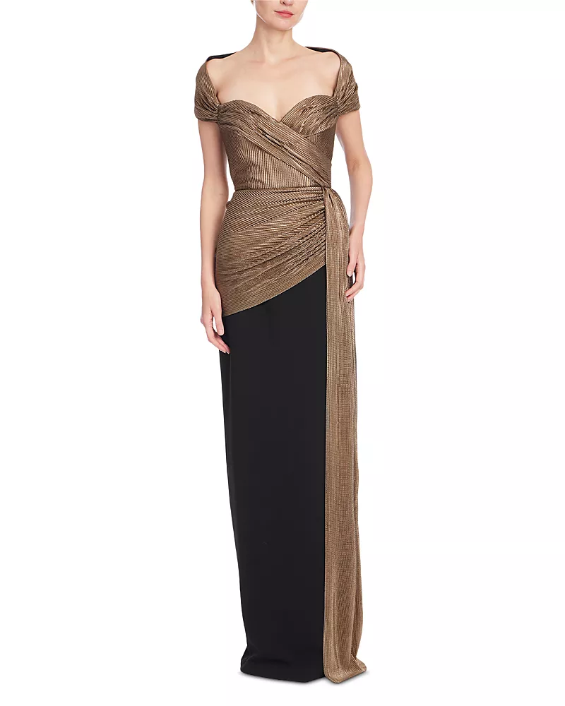 Badgley Mischka Metallic Draped Evening Gown