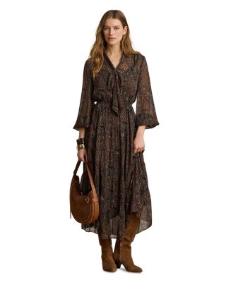Paisley Georgette Tie Neck Tiered Dress