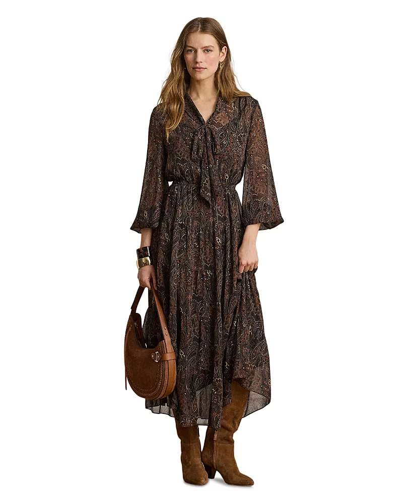 Lauren Ralph Lauren Paisley Georgette Tie Neck Tiered Dress