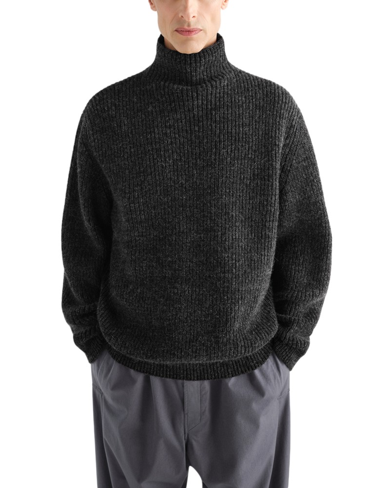 Lemaire High Neck Cable Knit Sweater in Tobacco/Black