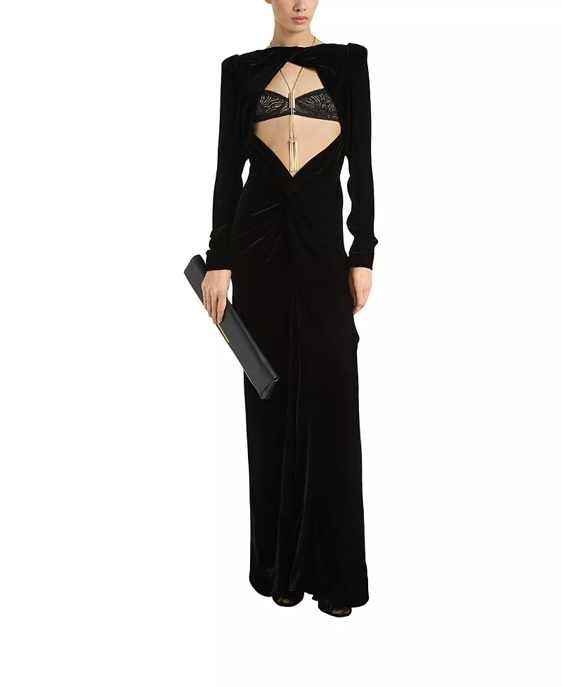 Balmain Long Velvet and Lace Dress