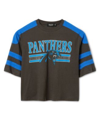 Junk Food Clothing Women's Carolina Panthers Striped Bling Crop Tee