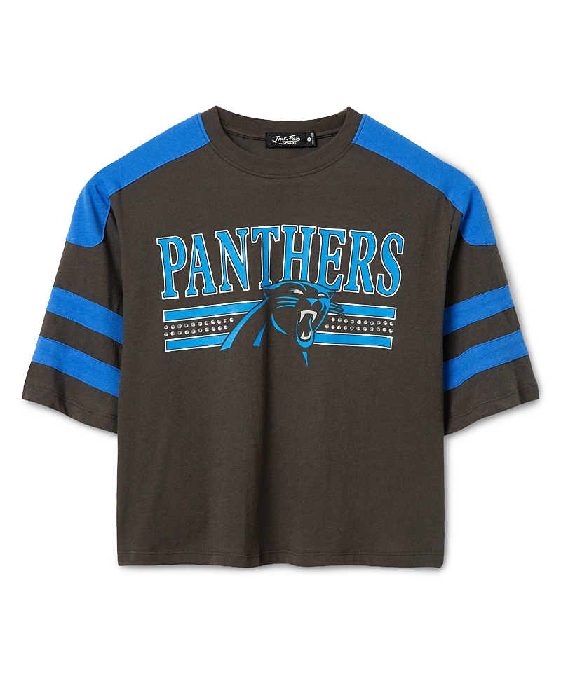 Junk Food Clothing Women's Carolina Panthers Striped Bling Crop Tee