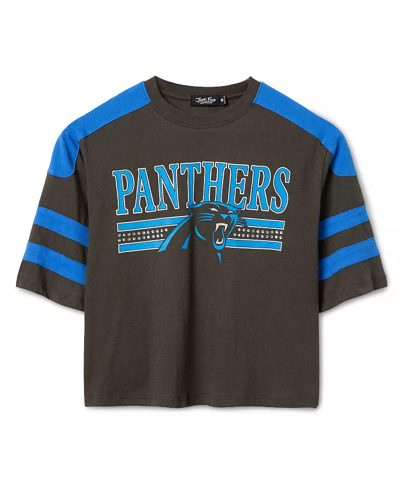 Junk Food Clothing Women's Carolina Panthers Striped Bling Crop Tee