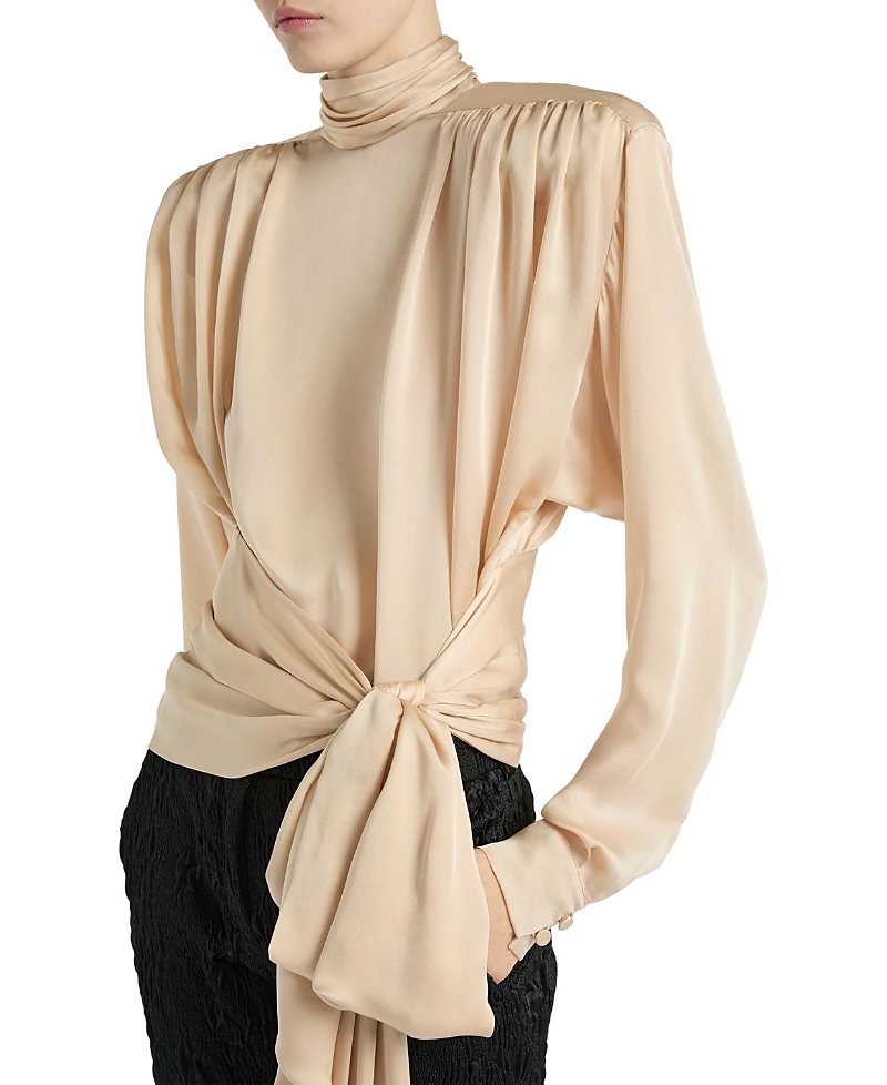 Balmain Silk Chiffon Blouse with Padded Shoulders and Tie