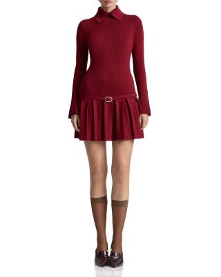 Belted Drop Waist Pleated Sweater Dress - thumbnail 3