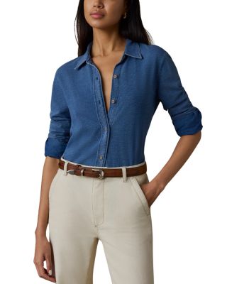 Faherty Sunwashed Knit Cotton Shirt In Medium Indigo Wash