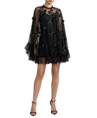  Embellished Long Flare Sleeve Mesh A-Line Dress