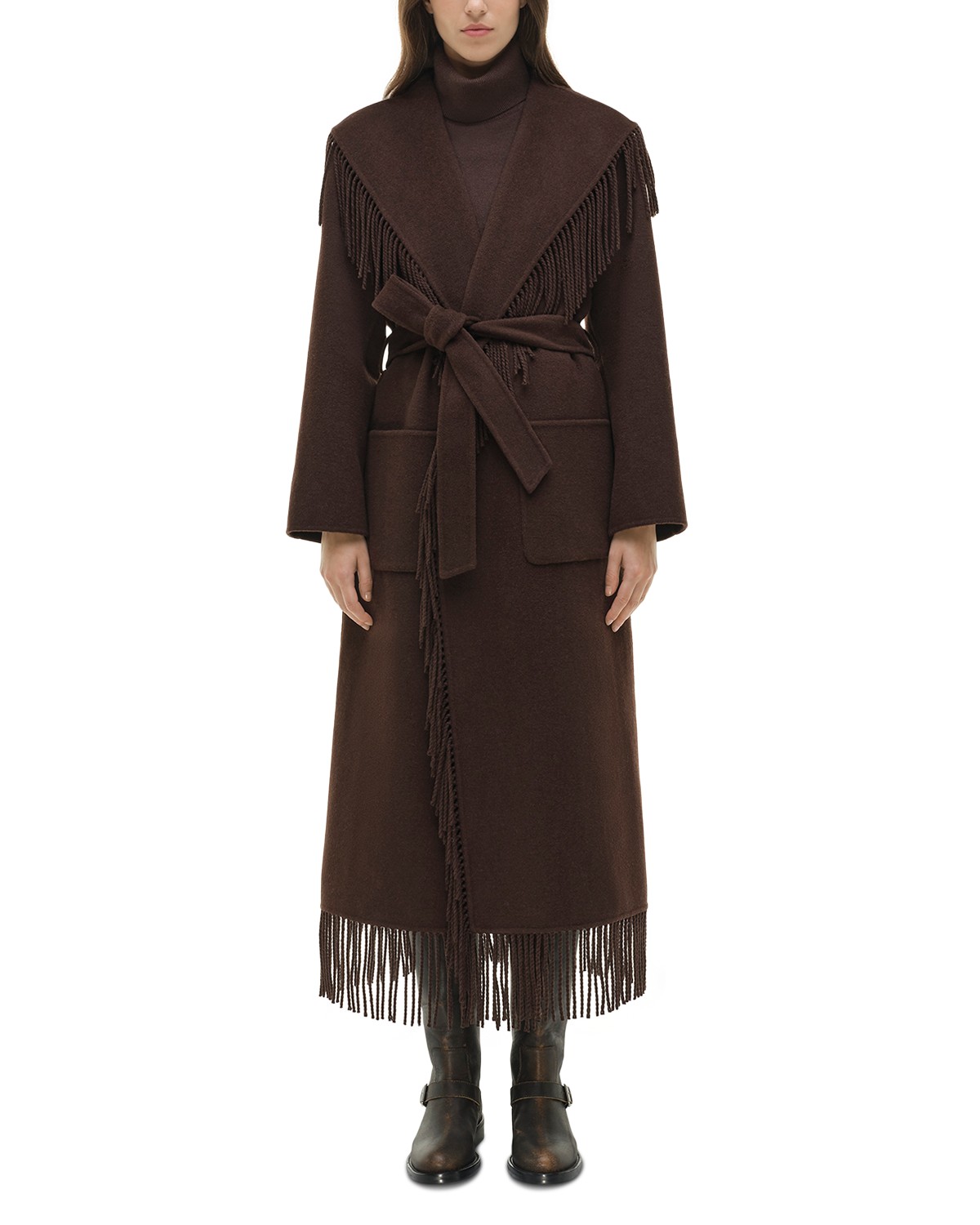 Simkhai Carrie Fringe Trim Belted Coat in Chocolate