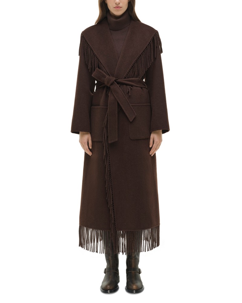 Simkhai Carrie Fringe Trim Belted Coat in Chocolate