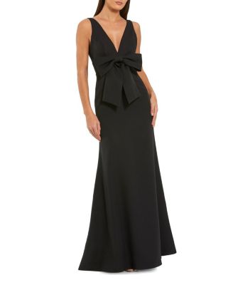  Sleeveless Crepe V Neck Column Dress With Bow