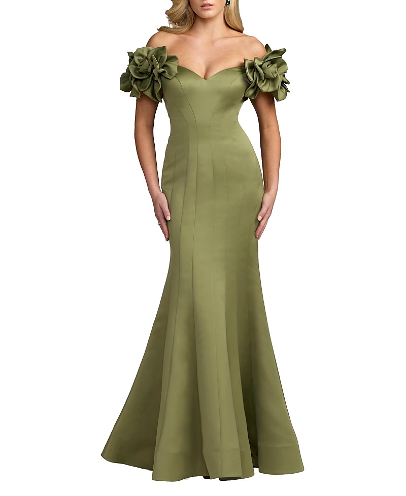 Mac Duggal Satin Off The Shoulder Floral Detail Trumpet Gown