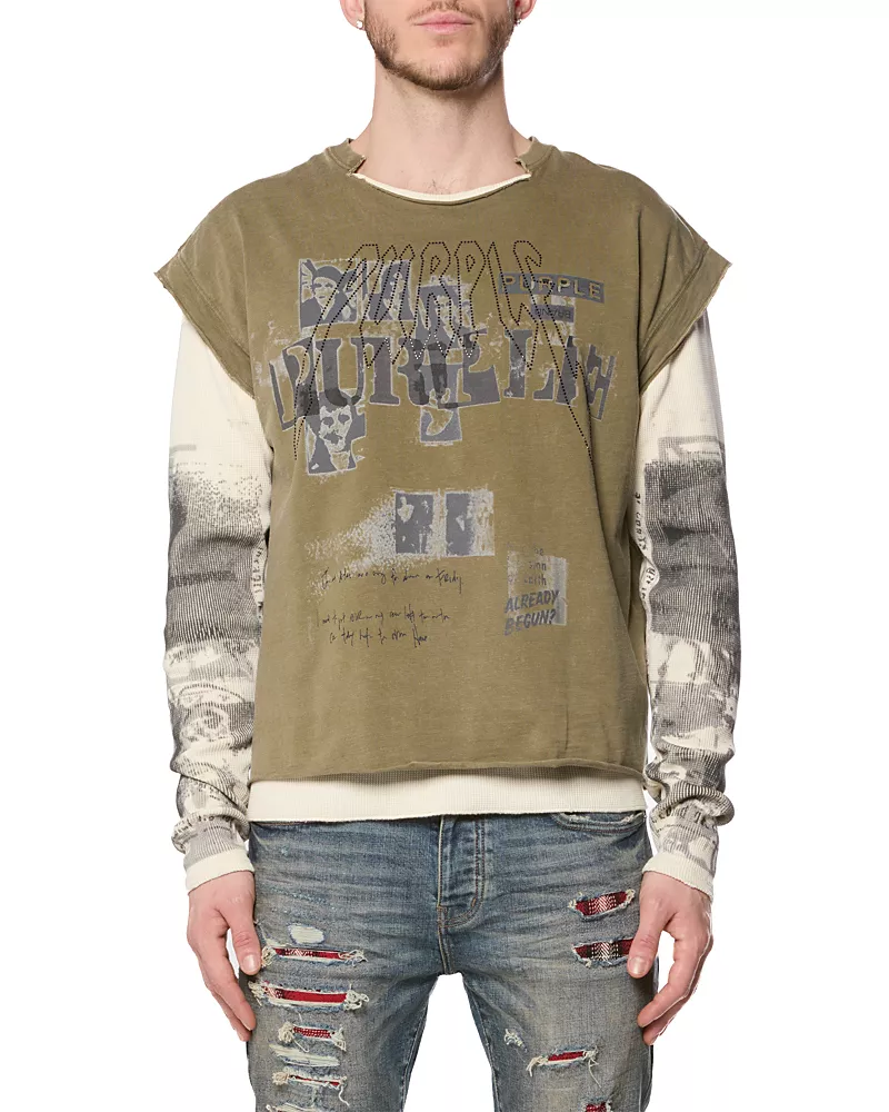 Purple Brand Two Layer Distressed Graphic Cotton T-Shirt