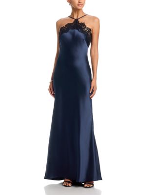 Long Satin Lace Trim Bias Gown - Exclusive