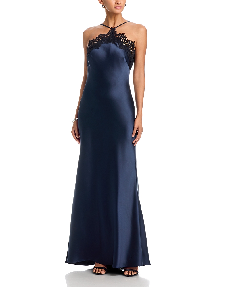 Aqua Long Satin Lace Trim Bias Gown - Exclusive