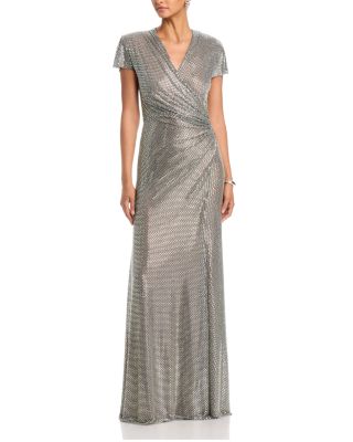 Grey Rhinestone Mesh Wrap Maxi Dress