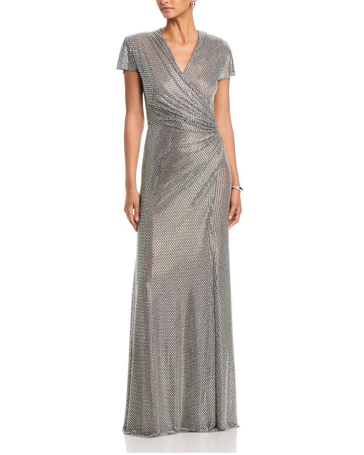 Self-Portrait Grey Rhinestone Mesh Wrap Maxi Dress