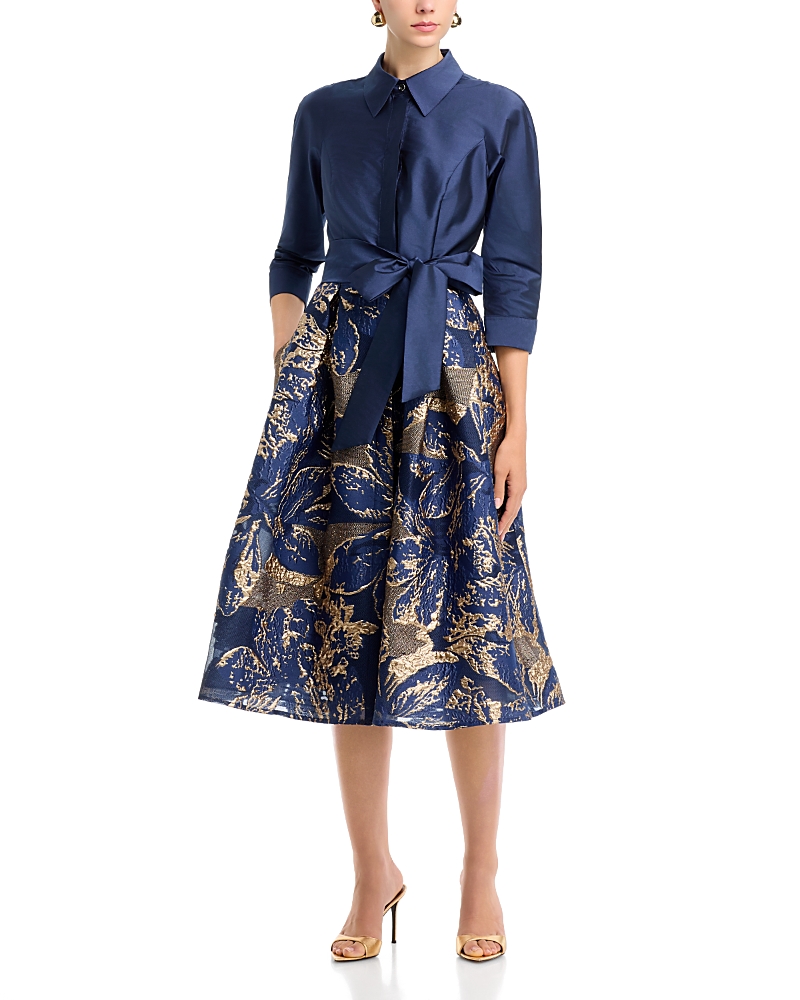 Teri Jon by Rickie Freeman Taffeta Jacquard Metallic Floral Shirt Waist Dress