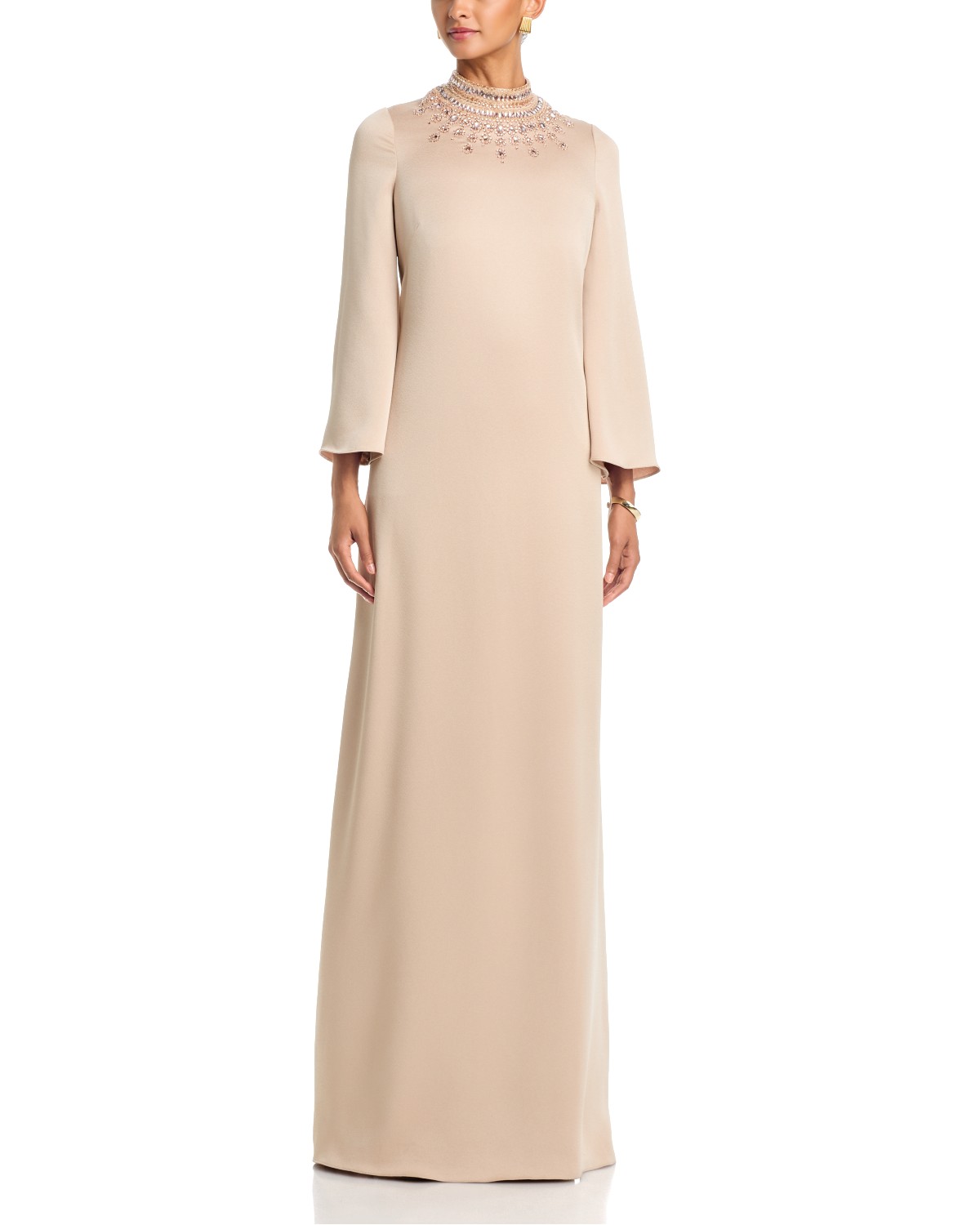 Repe Back Satin Bead Collare Flare Sleeve Gown