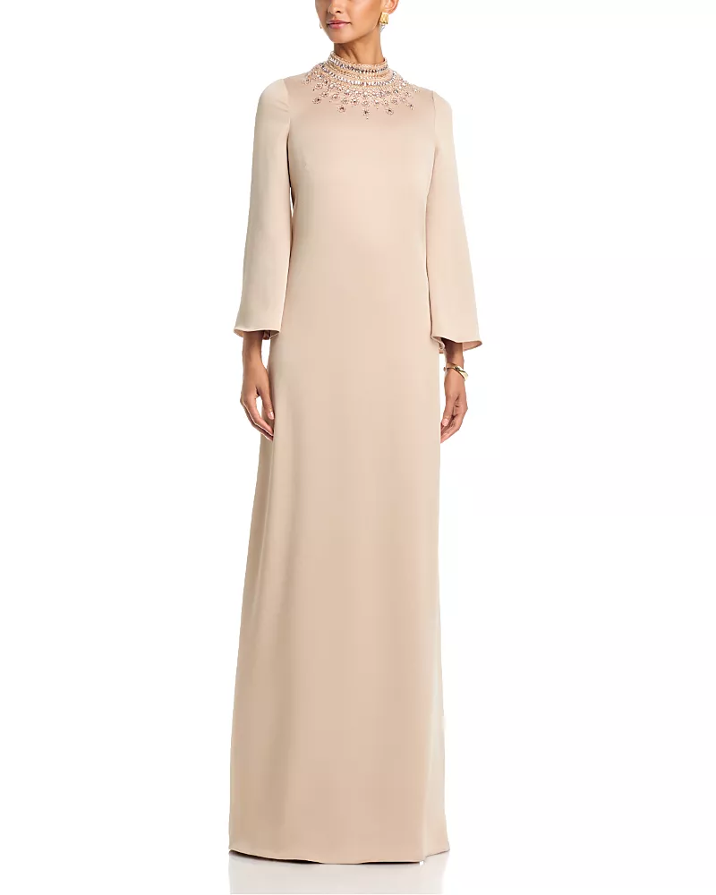 Teri Jon by Rickie Freeman Repe Back Satin Bead Collare Flare Sleeve Gown