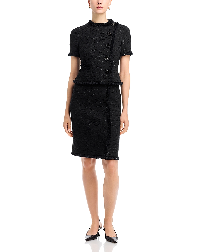 Teri Jon by Rickie Freeman Tweed Fringe Trim Dress