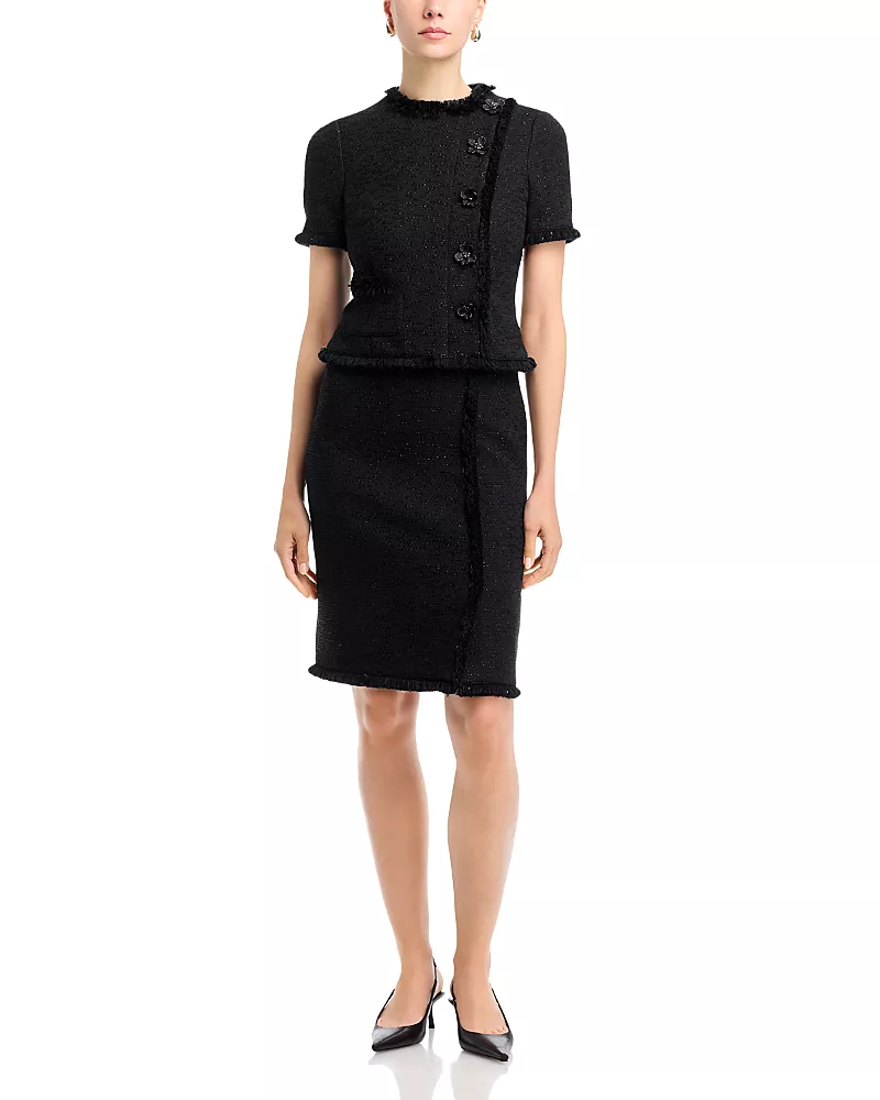 Teri Jon by Rickie Freeman Tweed Fringe Trim Dress